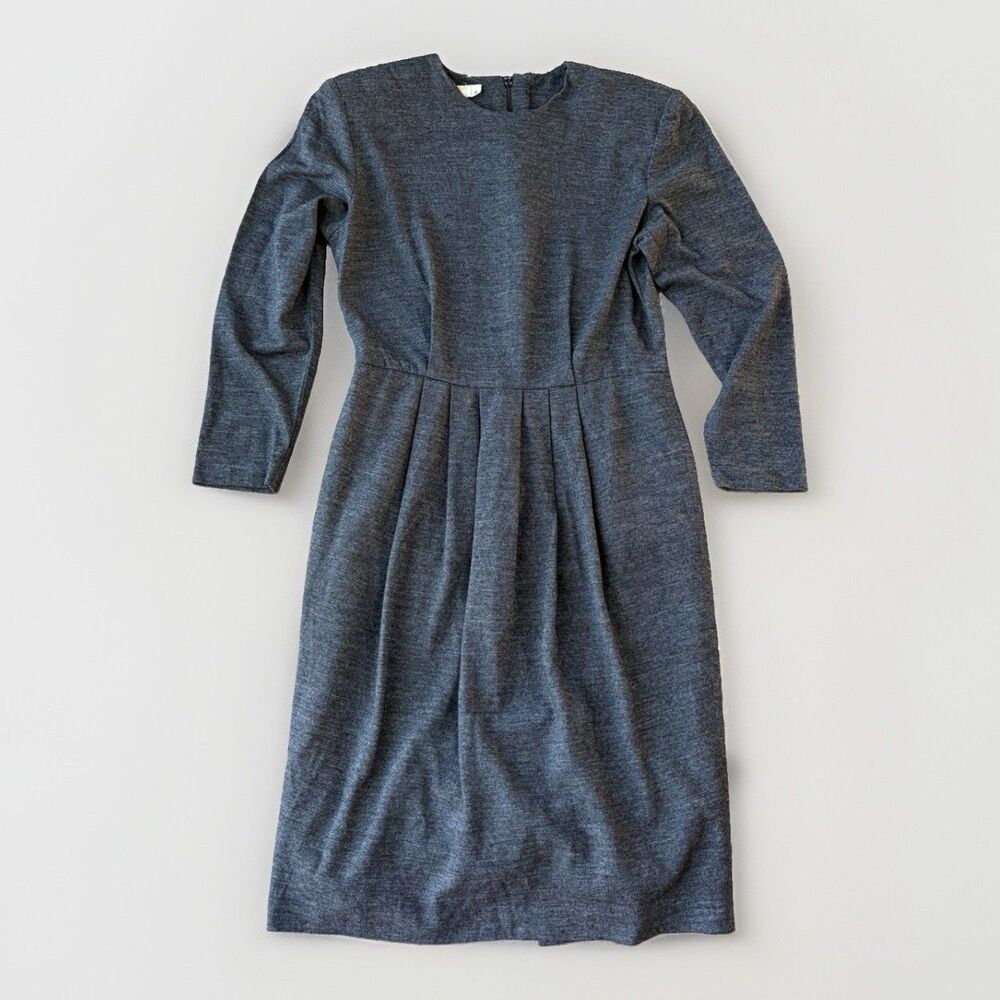 Vintage Brooks Brothers Gray Wool Pleated Dress 8 USA Shoulder Pads Officecore
